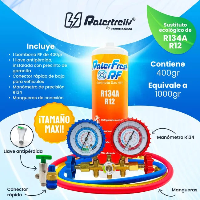 Gaz réfrigérant de substitution Ralerfresh RF pour gaz R12 et R134A plus clé, manomètre R134 et connecteur rapide