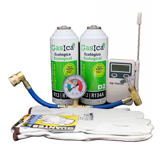 PACK de 2 bouteilles Gasica D2 de gaz réfrigérant de substitution R12 et R134A et tuyau avec manomètre, gants et thermomètre
